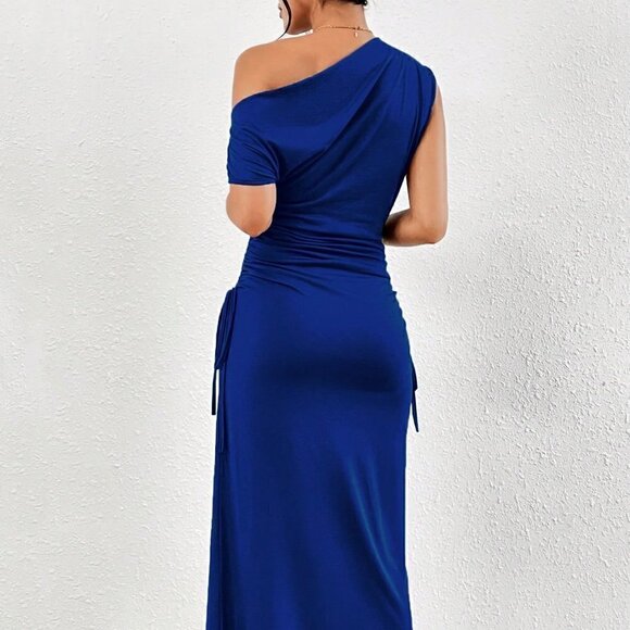 Blue Preppy Women's Irregular Shoulder Leopard Print Dress - Picture 2 of 5